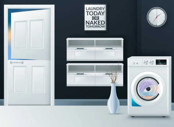 Fondo realista con lavadora moderna en la sala de lavandería vacía vector ilustración — Vector de stock