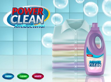 Yıkama tozu Vektör gerçekçi promo afiş, şişe, kavanoz sıvı deterjan reklam için poster. Ürün için 3d şablon, sabun kabarcıkları ile kavram