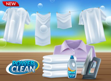 Toz çamaşır deterjanı reklam afişi. Vektör gerçekçi illüstrasyon