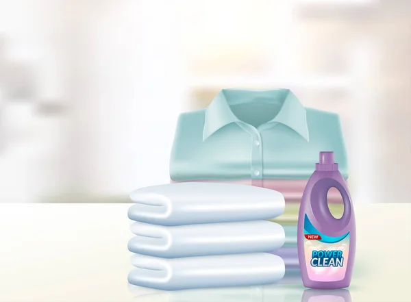 Çamaşır deterjanı reklamları, 3d illüstrasyon ürün paketi tasarımı ile kurumaya asılı parlak beyaz giysiler — Stok Vektör
