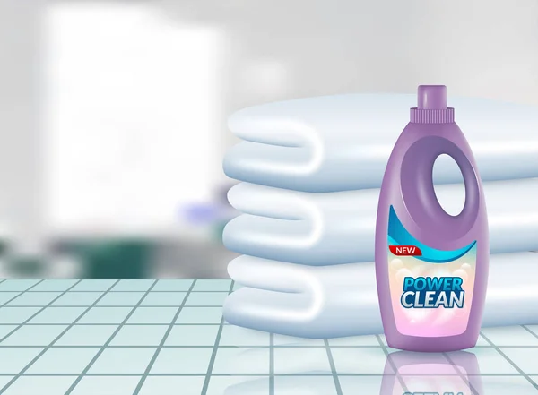 Anuncios de detergente de lavandería, ropa blanca brillante colgando para secar con el diseño del paquete del producto en la ilustración 3d — Archivo Imágenes Vectoriales