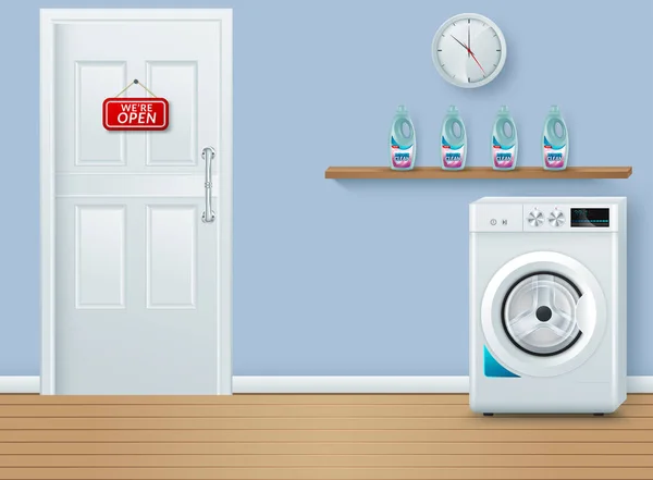 Δωμάτιο πλυντηρίων ρεαλιστική απεικόνιση διάνυσμα σε μπλε φόντο. Πρότυπο εξωφύλλου. Σχεδιασμός banner — Διανυσματικό Αρχείο