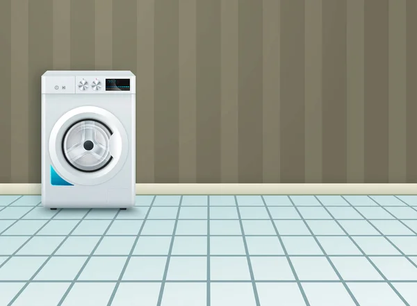 3Dリアルな現代の白鋼洗濯機クローズアップとベクトル背景。背景。ワッチャーのデザインテンプレート。フロントビュー、ランドリーコンセプト — ストックベクタ