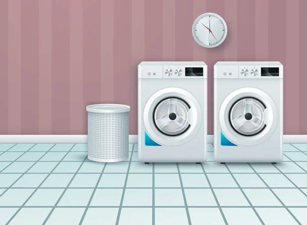 Διανυσματικό φόντο με 3D ρεαλιστική σύγχρονη λευκό χάλυβα πλυντηρίου μηχάνημα κοντινό. Φόντο. Υπόδειγμα σχεδίου του Γουάτσερ. Μπροστινή θέα, Πλύσιμο ρούχων — Διανυσματικό Αρχείο