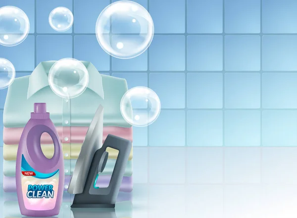 Yıkama tozu Vektör gerçekçi promo afiş, şişe, kavanoz sıvı deterjan reklam için poster. Ürün için 3d şablon, sabun kabarcıkları ile kavram — Stok Vektör