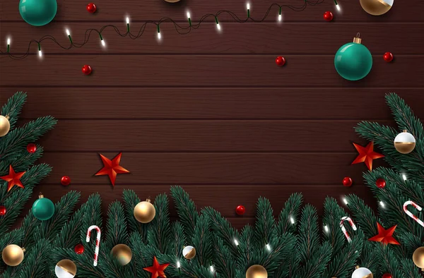 Weihnachtskranz mit rot- und goldenen Dekorationen, Bändern und Beeren. Holz Textur Hintergrund. Vektorillustration — Stockvektor
