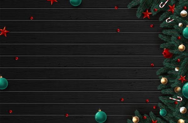 Weihnachtskranz mit rot- und goldenen Dekorationen, Bändern und Beeren. Holz Textur Hintergrund. Vektorillustration — Stockvektor