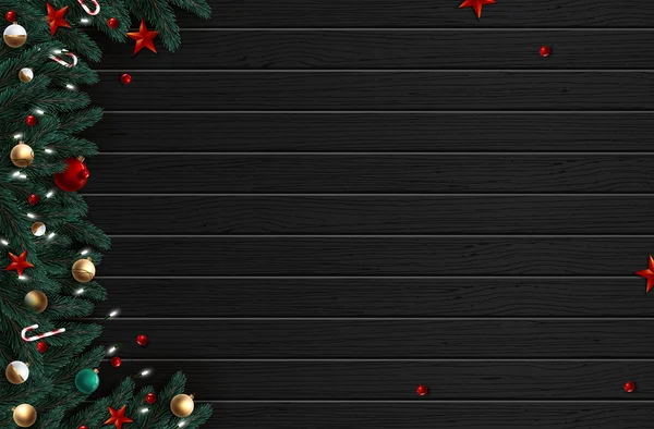 Weihnachtsbaumzweige auf hölzernem Hintergrund, Vektorillustration — Stockvektor