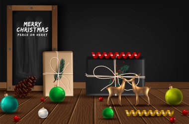 Bir tahta üzerinde Noel vintage tebeşir metin etiketi. Yıldızve kare li toplarla arka plan