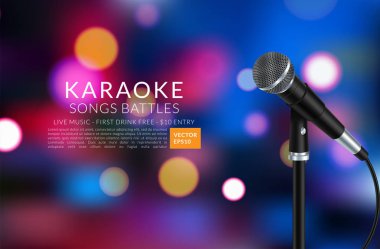 Karaoke parti davetiyesi poster tasarım şablonu. Karaoke gece el ilanı tasarımı. Müzik ses konseri. Vektör çizimi