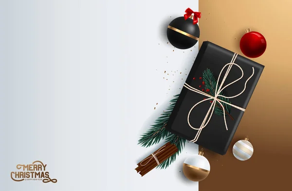 Plantilla de fondo de vector de banner de Navidad con tipografía de felicitación de Navidad feliz y elementos coloridos como regalos y decoraciones — Vector de stock