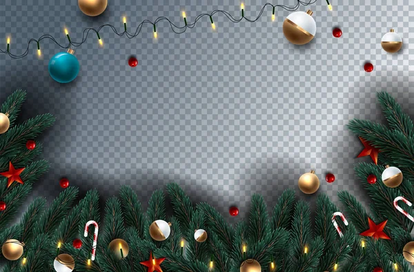 Şeffaf arka plan üzerinde ağaç ve çam ve çelenk dalları ile Noel tatili dekorasyon. Vektör çizimi