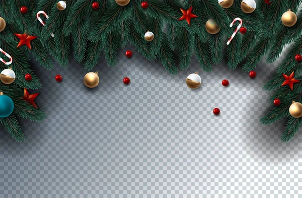 Decoração de férias de Natal com ramos de árvore e pinho e guirlanda em fundo transparente. Ilustração vetorial — Vetor de Stock