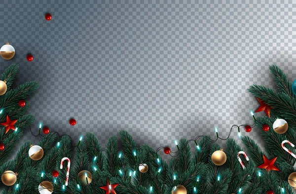 Weihnachtsdekoration mit Zweigen von Baum und Kiefer und Girlanden auf transparentem Hintergrund. Vektorillustration — Stockvektor