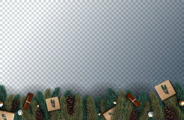Χριστουγεννιάτικη διακόσμηση διακοπών με κλαδιά δέντρων και πεύκου και Γκάρλαντ σε διαφανές φόντο. Απεικόνιση διανυσματικών φορέων — Διανυσματικό Αρχείο