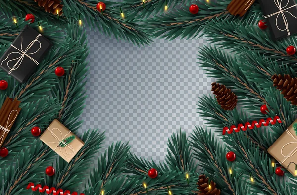 Corona de Navidad de ramas realistas de árbol de Navidad y bayas de acebo Elemento para el diseño festivo aislado sobre fondo transparente Ilustración vectorial — Vector de stock