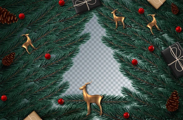 Corona de Navidad de ramas realistas de árbol de Navidad y bayas de acebo Elemento para el diseño festivo aislado sobre fondo transparente Ilustración vectorial — Vector de stock