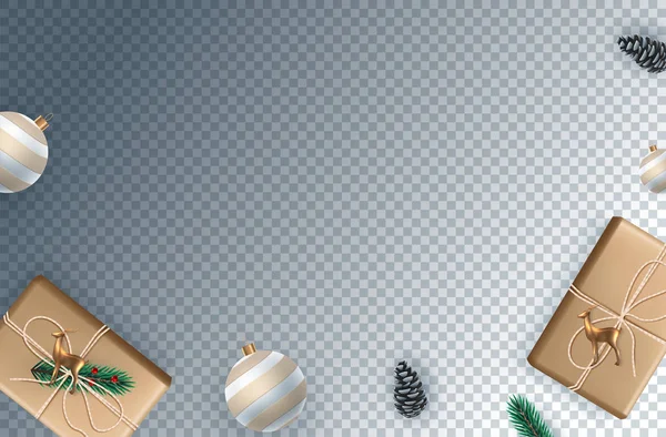 Hojas de pino realistas, chucherías y bayas de acebo decoradas sobre fondo png para la celebración de Feliz Navidad — Vector de stock
