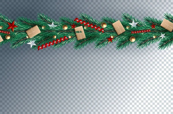 Hojas de pino realistas, chucherías y bayas de acebo decoradas sobre fondo png para la celebración de Feliz Navidad — Vector de stock