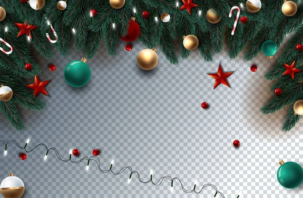 Рождественский праздник украшение с ветками дерева и сосны и гирлянды на прозрачном фоне. Векторная иллюстрация — стоковый вектор