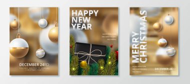 mutlu yeni yıl vektör illüstrasyon 2020 altın ve siyah collors metin noel topları için yer