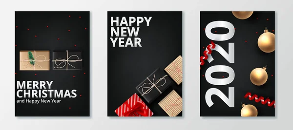 Illustration vectorielle de bonne année 2020 or et colliers noirs place pour le texte boules de Noël — Image vectorielle