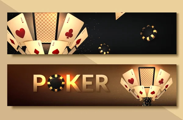 Sada bannerů kasino kasino čipy a karty. Poker club texas Hold'em. Vektorové ilustrace — Stockový vektor