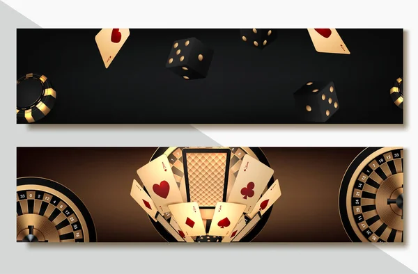 Sada bannerů kasino kasino čipy a karty. Poker club texas Hold'em. Vektorové ilustrace — Stockový vektor