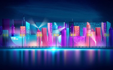 Fütüristik gece şehri. Parlak ve parlak neon mor ve mavi ışıklar ile karanlık bir arka plan üzerinde Cityscape. Vektör çizimi