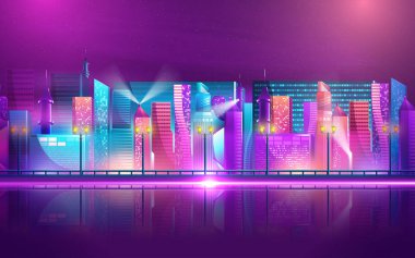 Fütüristik gece şehri. Parlak ve parlak neon mor ve mavi ışıklar ile karanlık bir arka plan üzerinde Cityscape. Vektör çizimi