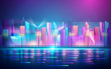 Fütüristik gece şehri. Parlak ve parlak neon mor ve mavi ışıklar ile karanlık bir arka plan üzerinde Cityscape. Vektör çizimi