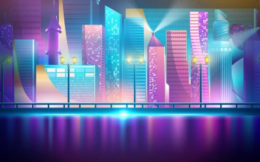 Fütüristik gece şehri. Parlak ve parlak neon mor ve mavi ışıklar ile karanlık bir arka plan üzerinde Cityscape. Vektör çizimi
