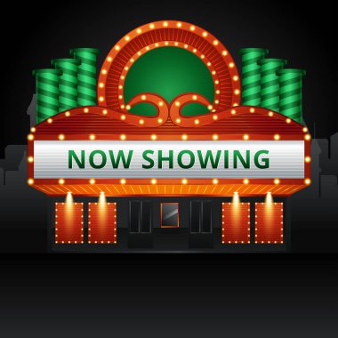 Sinema tiyatro binası dış. Film giriş retro ışık marquee afiş vektör çizim ile