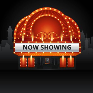 Sinema tiyatro binası dış. Film giriş retro ışık marquee afiş vektör çizim ile