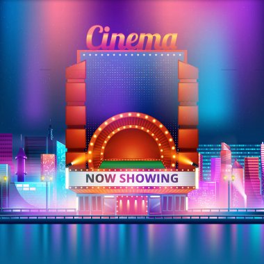 Şehrin arka planda Sinema bina vektör illüstrasyon. Vektör çizimi