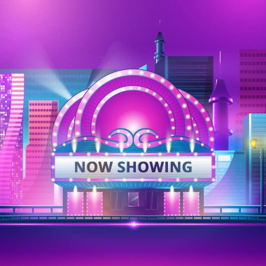 Sinema tiyatro binası dış. Film giriş retro ışık marquee afiş vektör çizim ile