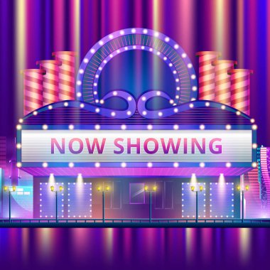 Sinema tiyatro binası dış. Film giriş retro ışık marquee afiş vektör çizim ile
