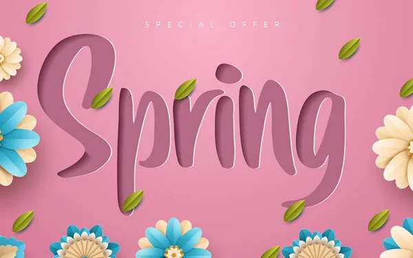 Modelo de folheto de venda primavera com flores de corte de papel e folhas com moldura. Ilustração vetorial — Vetor de Stock