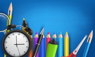 Okul vektör tasarım şablonu, afiş, poster, Renkli Kalemlerle Okul Ögeleri, Kalem ve Cetvel