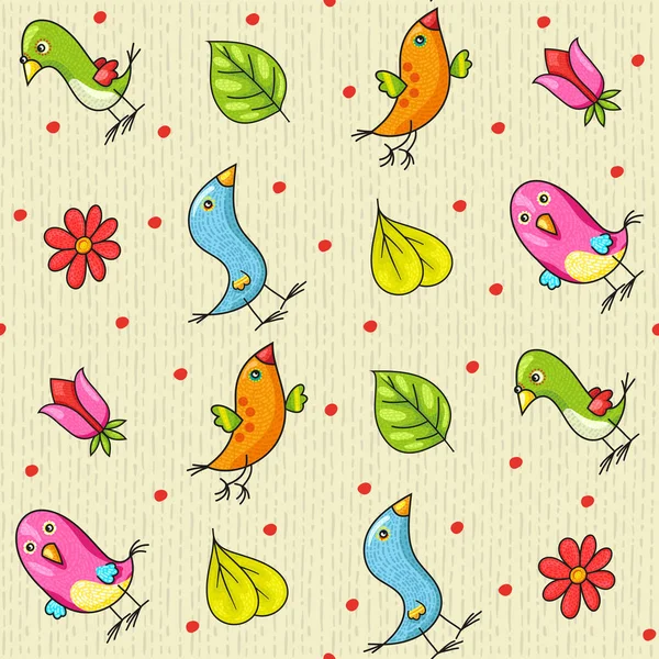 Wektorowe Tło Czterema Kolorowymi Ptakami Narysowanymi Kreskówkowym Stylu Bzdury Znaki — Wektor stockowy