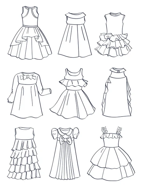 Contours Festive Dresses Little Girls Beautiful Ruffles Curvy Skirts Wonderful — Stock Vector