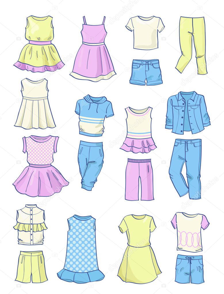 Set of summer clothes for girls,dresses, skirts, pants etc.,isolated on white background 