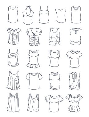 Kontür t-shirt ve tank başında kız, beyaz arka plan üzerinde izole giyim, yaz 