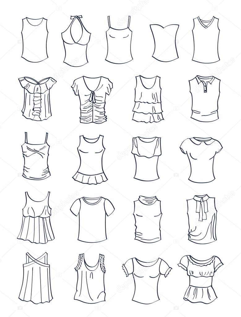 Contours of t-shirts and tank tops for girls, summer clothing, isolated on white background 