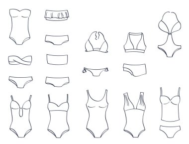 Kontür mayo, tek parça mayo ve iki parçalı banyo beyaz arka plan üzerinde izole uygun, birçok farklı model, 