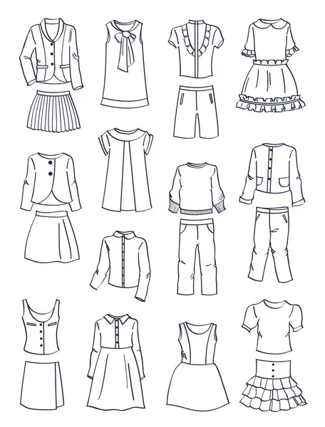 Contours Des Vêtements Scolaires Pour Filles Robes Pantalons Bleus Vestes — Image vectorielle