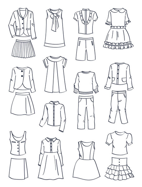 Contours of school clothes for girls, dresses, pants, blous,jackets and etc., isolated on white background 