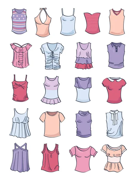 Set Shirts Tank Tops Girls Summer Clothing Isolated White Background — Stock Vector