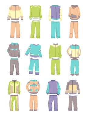 Sport tracksuits for boys, different models, 5-8 years old, isolated on white background  clipart