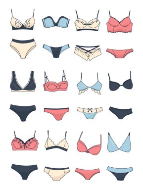 İç çamaşırı, seksi ve rahat, beyaz arka plan üzerinde izole mavi, siyah, bej ve mercan renklerde farklı modelleri 